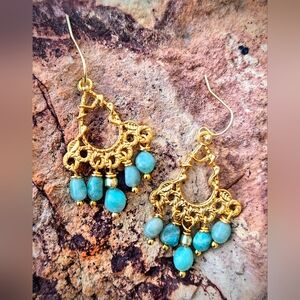 Amazon's Stone Of Hope  Amazonite In Mystical Filligree Gold Plated Earrings